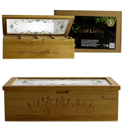 Edel Living Premium Tee-Aufbewahrungsbox mit 8 Fächern, Acrylglasfenster, mattem Kleeblattzweigen, Kräutergravur & Magnetverschluss - vielseitig verwendbar für Teebeutel, Kaffeekapseln & mehr von Edel Living