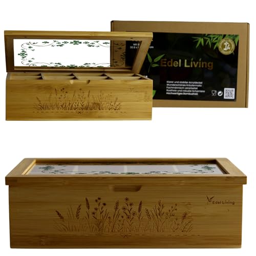 Edel Living Premium Teebox mit 8 Fächern, Acrylglasfenster, Kräutergravur & Magnetverschluss - vielseitig verwendbar für teeboxen für teebeutel, Kaffeekapseln & mehr (Transparentem Kleeblattzweigen) von Edel Living