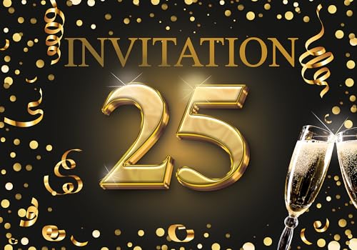 Edition Colibri Einladungskarten zum 25 Geburtstag 10er Set DIN A6 Karten Set zum Ausfüllen, Einladung, Jubiläum, Party, Schwarz, Gold von Edition Colibri