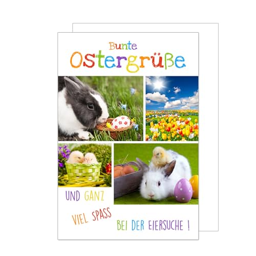 Edition Seidel Premium Grußkarte zu Ostern mit Umschlag. Osterkarte Glückwunschkarte Klappkarte Karte bunte Ostergrüße Frohe Ostern Frühling Hasen Blumen Eiersuche (O151) von Edition Seidel