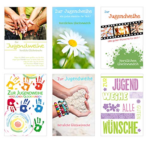 Edition Seidel Set 6 Premium Karten zur Jugendweihe mit Umschlag (Doppelkarten/Klappkarten mit Briefumschlag) Karte Postkarte Jugendweihekarten (6er Set Jugendweihe) von Edition Seidel