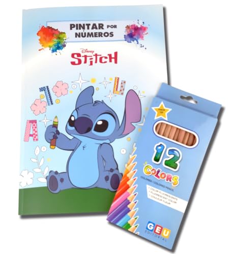 ditorial GEU Stitch Kunst: Malen nach Zahlen Kinder und Erwachsene - Set mit 12 leuchtenden Farben plus Disney Malbuch - Basteln zum Beruhigen und Entspannen - Mehr als 60 Abbildungen (Spanisch) von Editorial GEU