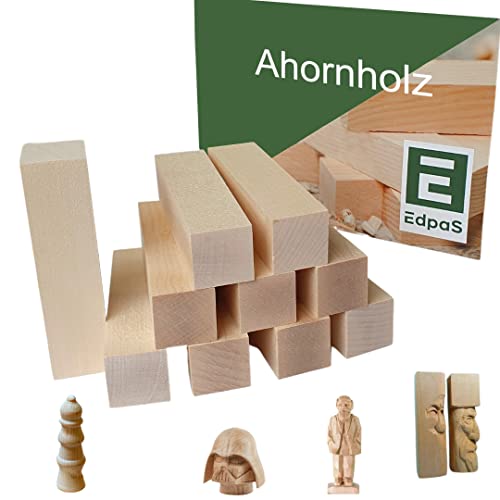 Edpas Schnitzholz Ahorn - 10 Stück Holzblock - Schnitzvorlage (10x2,5x2,5cm) - Ahornholz zum Schnitzen Drecheln oder Bastelset - Drechelholz Holz Rohlinge zum Drechseln - Schnitzholz für Kinder von EdpaS