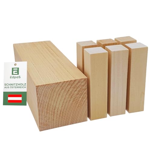 Edpas Schnitzholz Linde - Mix Set Groß 20x7x7cm + 6 kleine Holzblöcke + Schnitzvorlagen - weiches Lindenholz zum Schnitzen - Praktische Holz Rohlinge zum Drechseln & Holz schnitzen von EdpaS