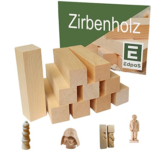 EdpaS Schnitzholz Zirbenholz - 10 Stück Holzblock mit Schnitzvorlage (10x2,5x2,5cm) - Schnitzholz für Kinder -Schnitzset - schnitzen drechseln mit Zirbenholz - Schnitzen Kinder Schnitzholz Rohlinge von EdpaS