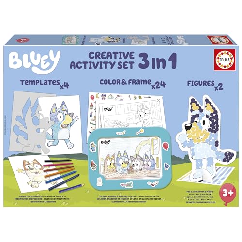 Educa - Bluey 3-in-1-Kreativset mit DREI Aktivitäten: Malen nach Zahlen, Erstellen von 2 3D-Figuren zum Dekorieren & Zeichnen von Charakteren aus der Bluey-Serie mithilfe von Vorlagen. Ab 3 Jahren von Educa