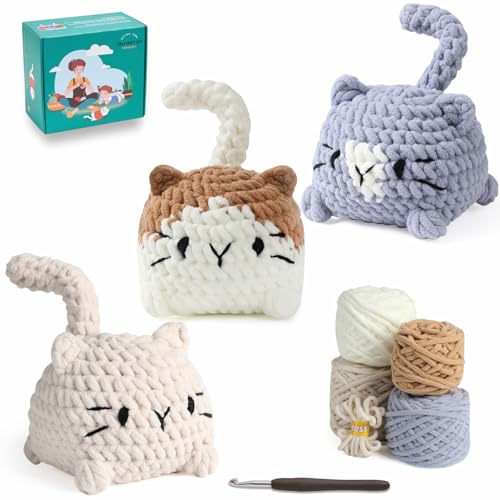 Eelexa Häkelset für Anfänger, Häkeltier-Sets für Erwachsene und Kinder, Schritt-für-Schritt-Video-Tutorials und Easy Peasy Garn, 3er-Pack Katzen von Eelexa