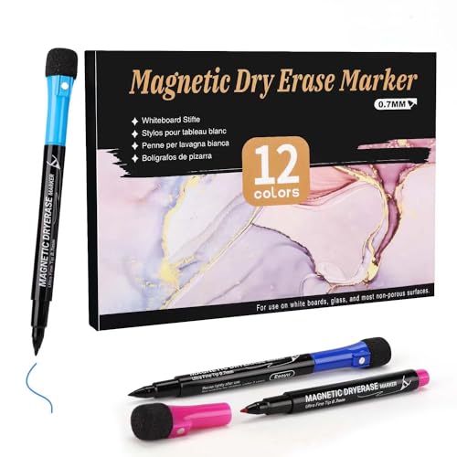 EEOYU Magnetische, trocken abwischbare Marker mit ultrafeiner Spitze, 0,7 mm, Whiteboard-Marker mit Radiergummi, für Schule, Büro und Zuhause, 12 Farben von Eeoyu