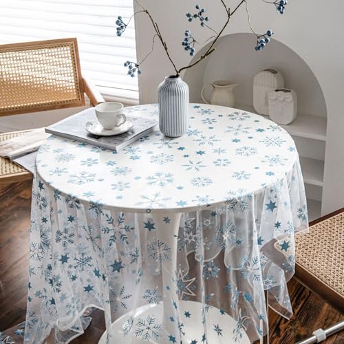 Eestfy Bestickte Tischdecke – Polyestergewebe mit floraler Kirschblütenstickerei – dekorativ für zu Hause, Essen, Veranstaltungen, Partys – Elegantes Design,Blue Snowflake,150×150cm von Eestfy