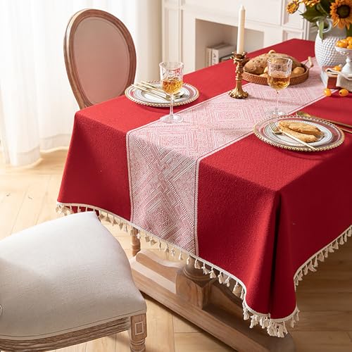 Eestfy Elegante Jacquard-Tischdecke – hochwertige Baumwoll-Leinen-Mischung – rutschfest und hitzebeständig – ideal für Essen und Büro,Red Geometric,140×200cm von Eestfy