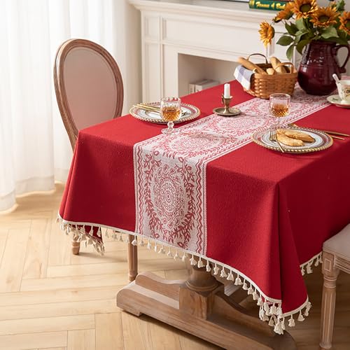 Eestfy Elegante Jacquard-Tischdecke – hochwertige Baumwoll-Leinen-Mischung – rutschfest und hitzebeständig – ideal für Essen und Büro,Red floral Ring,140×220cm von Eestfy