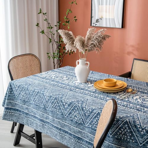 Eestfy Geometrische Tischdecke aus Baumwoll-Leinen – stilvoller, strapazierfähiger Stoff, knitterfrei, maschinenwaschbar – ideal für die Einrichtung von Zuhause und Büro,Blue Geometric,100×140cm von Eestfy