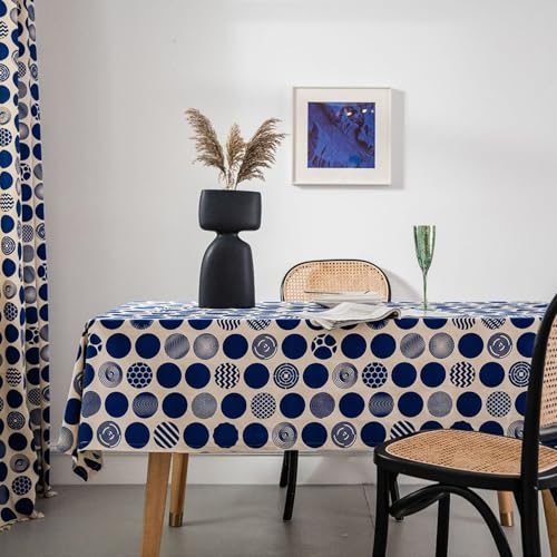 Eestfy Geometrische Tischdecke aus Baumwoll-Leinen – stilvoller, strapazierfähiger Stoff, knitterfrei, maschinenwaschbar – ideal für die Einrichtung von Zuhause und Büro,Blue dots,140×160cm von Eestfy