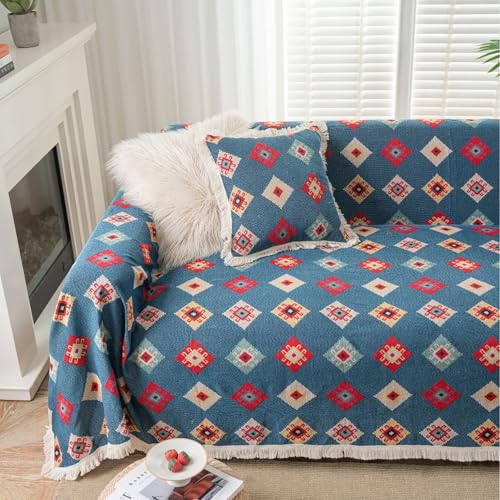 Eestfy Sofaüberwurf für 3-Sitzer-Couch – geometrischer Jacquardstoff, Kratzfest, ideal für Wohnzimmer und Festliche Anlässe,Blue Badge,180×300cm von Eestfy