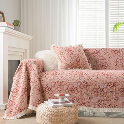 Eestfy Sofaüberwurf für 3-Sitzer-Couch – geometrischer Jacquardstoff, Kratzfest, ideal für Wohnzimmer und Festliche Anlässe,Pink Succulent,140×180cm von Eestfy