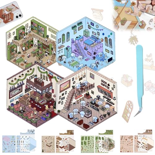 Eevhrqw 4 Sets DIY 3D House Stickers,3D House Sticker Set,2024 DIY 3D House Stickers, Make Your Own Supermarket|Coffee Shop|Restaurant|Bookstore,Fun Cute Scene Stickers Relief Stress for Adult Kids von Eevhrqw