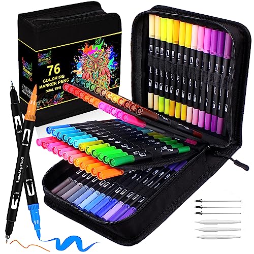 Efimeso 76 Filzstifte Kinder Set Pinselstifte Mit Etui, Doppelspitze Farbige Stifte Fineliner Dual Brush Pen Set Maker Filzstifte Für Erwachsene Malerei Skizzieren Hervorhebung Lettering von Efimeso