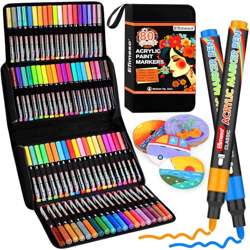 Efimeso Acrylstifte Set, 80 Farben Acrylstifte Für Steine Wasserfest Für Stein, Holz, Leinwand, Keramik, Glas, Stoff, 3 Mm Mittlere Acrylic Paint Marker Für Erwachsene DIY Handwerk von Efimeso