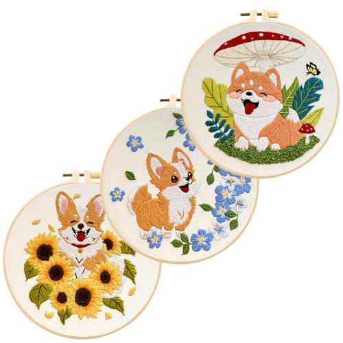 3 Sets Stickerei Starter Kit für Erwachsene Anfänger - Blumen Tier Stickerei Set für Erwachsene - Niedliches Hundemuster Kreuzstich Handstickset DIY Kreuzstich Kit mit Reifen Nadeln Fäden von Eforcase