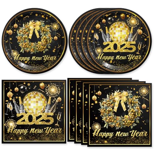 Egami 40 Stück Partyzubehör mit Aufschrift "Happy New Year", inklusive Dessertteller, Serviette, für Party-Dekoration des neuen Jahres 2025 (mehrfarbig 9) von Egami