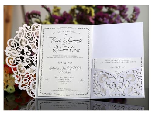 Egurs 100x Einladungskarten für Hochzeiten Verlobung Brautparty Party Lasercut Spitze Blume Hochzeitseinladungskarten mit Umschlägen Weiß 100 Stück von Egurs