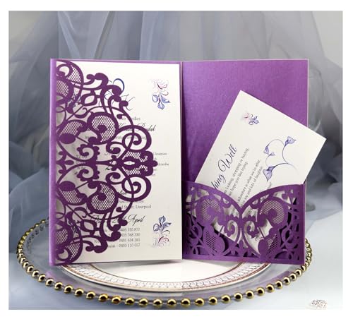 Egurs 10x Einladungskarten für Hochzeiten Verlobung Brautparty Party Lasercut Spitze Blume Hochzeitseinladungskarten mit Umschlägen Tiefes Violett 10 Stück von Egurs