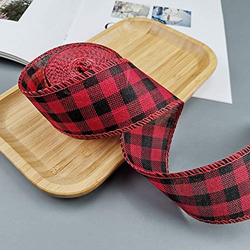 Egurs 12 Meter Kariert Juteband Plaid Bänder Geschenkverpackung Geschenkband Weihnachts Drahtbänder Basteln Dekoration,Draht an der Seite Rot-schwarz kariert 6cm von Egurs