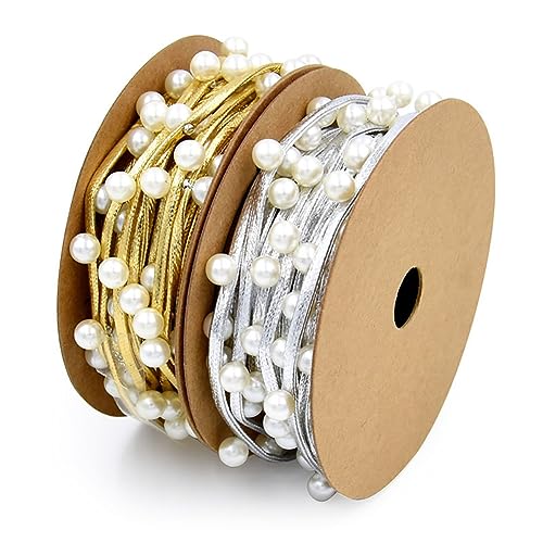 Egurs 2 Rollen 6mm Lederkordel mit Perlen Geschenkbänder Perlenband Perlenkette Perlen Leder Dekoband Lederband für Hochzeit DIY Handwerk Weihnachten Basteln Geschenke Deko（Gold und Silber） von Egurs