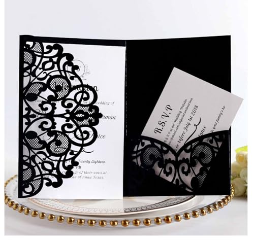 Egurs 20x Einladungskarten für Hochzeiten Verlobung Brautparty Party Lasercut Spitze Blume Hochzeitseinladungskarten mit Umschlägen Schwarz 20 Stück von Egurs