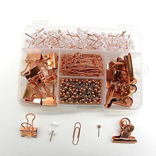 Egurs 500 Stück Büromaterial Set Rosegold Einschließlich Push Pins Büroklammern Binder Clips Stecknadeln 5 Stile für Büro,Schule und Heimbedarf von Egurs