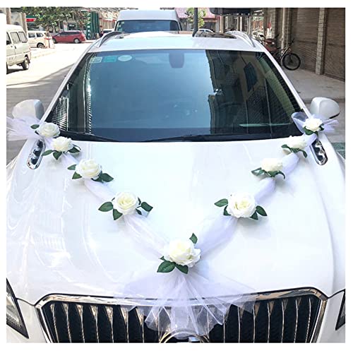 Egurs Autoschmuck Braut Paar Rose Deko Dekoration Auto Schmuck Hochzeit Car Wedding Girlande Hochzeitsdeko Auto Blumenschmuck Hochzeitsschmuck Hochzeitsauto Deko für Hochzeit Party Weiß von Egurs