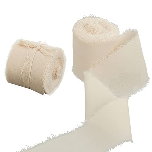 Egurs Chiffon-Fransenband 38mm x 5 m Chiffonband mit Fransen Handgefertigtes Seidenband Chiffon Dekoband für Hochzeitseinladungen Blumensträuße DIY Handwerk Verpackungen Dekorationen Beige 5 Yard von Egurs