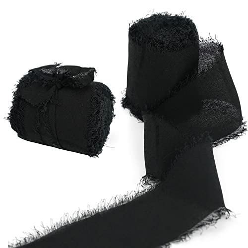 Egurs Chiffon-Fransenband 38mm x 5 m Chiffonband mit Fransen Handgefertigtes Seidenband Chiffon Dekoband für Hochzeitseinladungen Blumensträuße DIY Handwerk Verpackungen Dekorationen Schwarz 5 Yard von Egurs