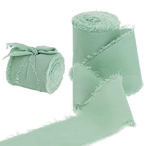 Egurs Chiffon-Fransenband 38mm x 5 m Chiffonband mit Fransen Handgefertigtes Seidenband Chiffon Dekoband für Hochzeitseinladungen Blumensträuße DIY Handwerk Verpackungen Dekorationen grün 7 Yard von Egurs