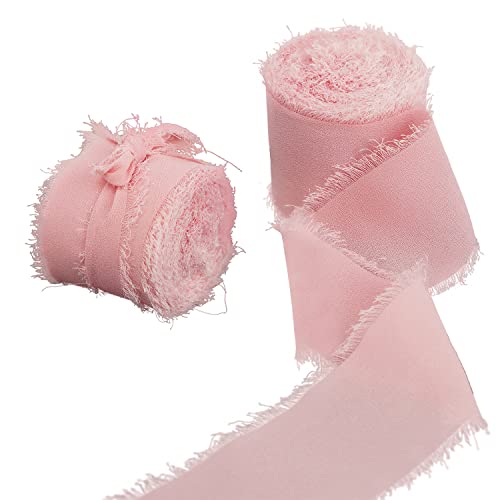 Egurs Chiffon-Fransenband 38mm x 5 m Chiffonband mit Fransen Handgefertigtes Seidenband Chiffon Dekoband für Hochzeitseinladungen Blumensträuße DIY Handwerk Verpackungen Dekorationen rosa 5 Yard von Egurs