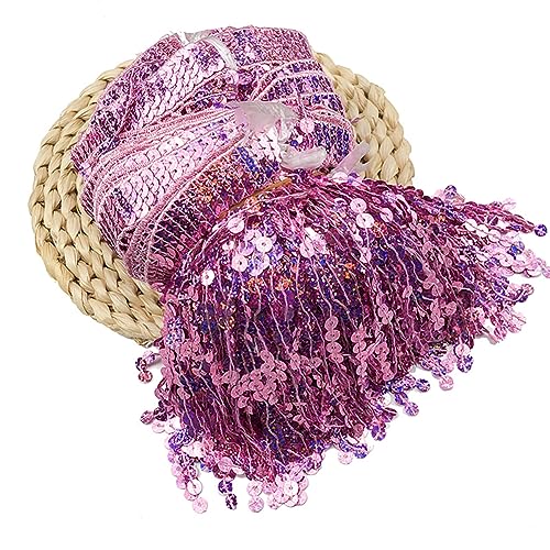 Egurs Fransenborte Pailletten Laser 16cm Fransen-Borten Quastenbesatz Glitzer Trim Fransenbesatz Fransenbordüre Zierband Dekoborte Tanzfransen Nähzubehör Tanzkleidung Quaste Deko Pink 1 Yard von Egurs