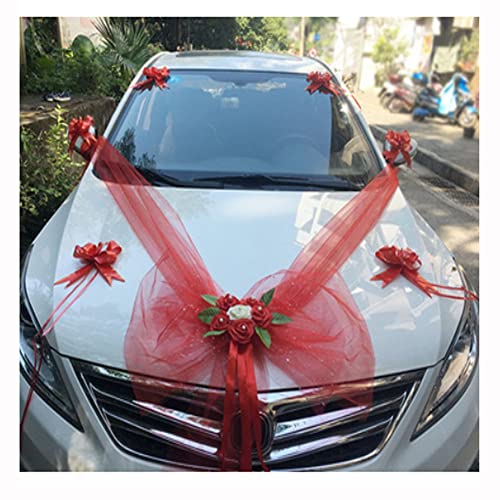 Egurs Hochzeit Autoschmuck Tüll Schleife Rose Deko Girlande PKW Brautwagen Girlande Dekoration Wedding Deko Auto Schmuck Hochzeit Romantische Atmosphäre Car Deko rot von Egurs