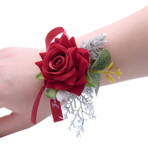 Egurs Hochzeit Handgelenk Blume Corsage Rustikaler Retro-Stil Braut Brautjungfer Hand Blumen Hochzeit Prom Party Schmuck Zubehör rot von Egurs