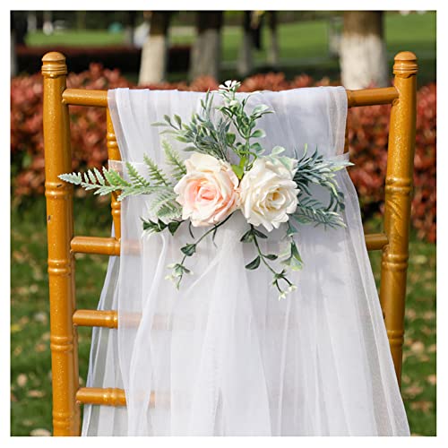 Egurs Hochzeit Stuhl Deko Weiß Tüll Stuhlbezug und Blumendekorationen Set Hochzeitsstuhl Schleifen mit Künstliche Rosen Tüllstoff Stuhl Schärpe für Hochzeit Party Deko Blume-Rosa 3M Tüll von Egurs