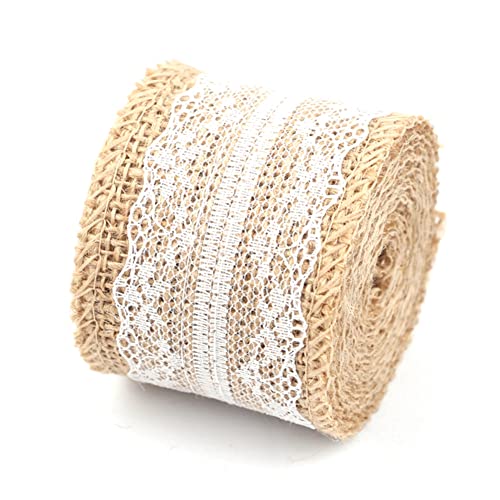 Egurs Juteband mit Spitze Weiß Vintage Spitzenband Sackleinen Band Rolle 5 cm 2 Meter Schleifenband Dekoband aus Jute Natür Tischdeko Geschenke Deko für Handwerk Hochzeit DIY Scrapbook Haus Deko 2# von Egurs