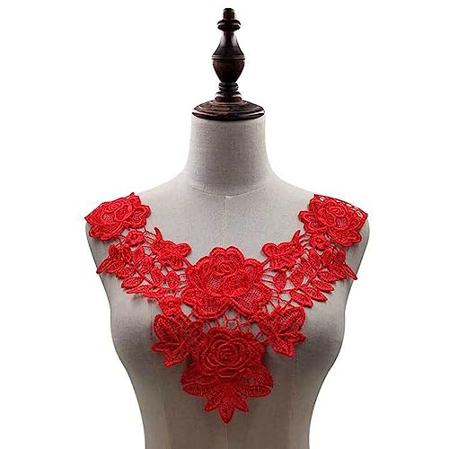 Egurs Rosen Blumen Spitze Kragen Stickerei Spitzenkragen Floral Bestickte Spitze Einsatzkragen Kragen Verzieren Patch für Kleid DIY Handwerk Nähen Rot von Egurs