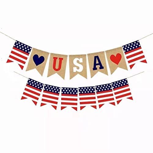 Egurs Wimpelkette Leinen USA Flagge Girlande Vintage Wimpel Banner Sackleinen Banner Hessische Girlande Amerikanische Wimpelbanner für DIY Feiertags Hochzeit Geburtstag Garten bar Party Deko 13*18cm von Egurs