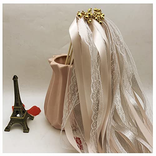 Egurs Zauberstäbe mit Band Glocken Für Hochzeit 10 Stück Spitzen Fee Stick Luftschlangen Spitzenband Zauberstäbe Wedding Wands für Hochzeit, Weihnachten, Geburtstag, Party Beige 10 Stück von Egurs