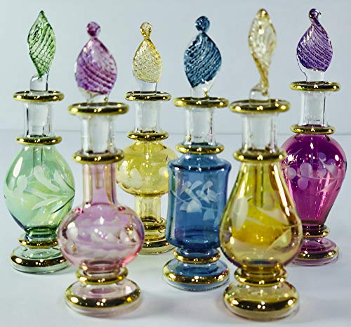Ägyptische Parfümflaschen, mundgeblasenes Glas, Genie-Flaschen, Größe 5 cm, mit handgefertigter goldfarbener Deko-Flasche für essentielle und Parfümöle von ägyptischem mundgeblasenem Glas. von Egyptian Hand Blown Glass