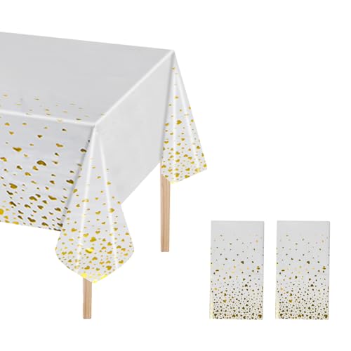 2 Pcs Tischdecke Kunststoff, 137x274cm, Tischtuch Plastik Wasserdicht, Fleckschutz Ölbeständig, Tischabdeckung Rechteckig Schwarz Weiß mit Gold Herz Konfetti, Party Tischschutz Hochzeiten (2, Weiß) von Ehuihuan