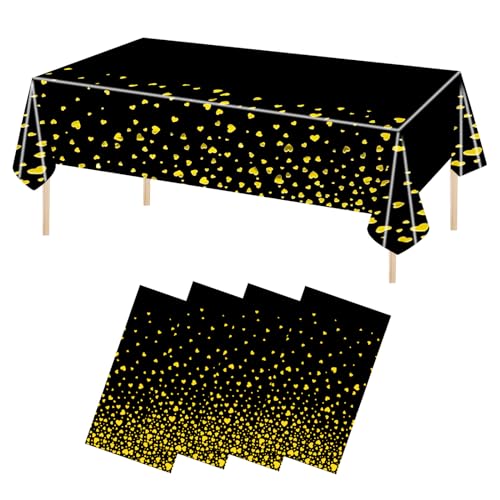 4 Pcs Tischdecke Kunststoff, 137x274cm, Tischtuch Plastik Wasserdicht, Fleckschutz Ölbeständig, Tischabdeckung Rechteckig Schwarz Weiß mit Gold Herz Konfetti, Party Tischschutz Hochzeiten (4, Schwarz) von Ehuihuan