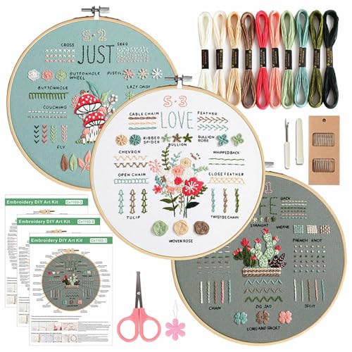 3 Sets Stickset für Anfänger, Stickstich-Übungsset für Anfänger und Erwachsene, Stick-Übungsset, enthält Tuch mit Muster, Reifen, bunte Fäden und Werkzeuge von Eidoct