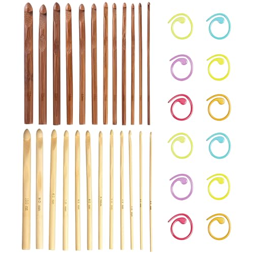 Eiflayn Häkelnadel,24 Stück Bambus Crochet Hook 3–10mm+12 Bunte Maschenmarkierer,Häkelnadeln Stricknadeln,Ergonomische Häkelnadeln mit Rutschfesten,Geeignet für Mützen,Handschuhen,usw von Eiflayn