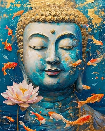 Eiialerm Erwachsene Stickerei Kreuzstich Buddha-Statue Lotus Goldfisch 11CT Vorgedruckte Leinwand Kreuzstich Set AnfäNger Stickbilder, für Wandkunst-Heimdekoration 40X50cm von Eiialerm