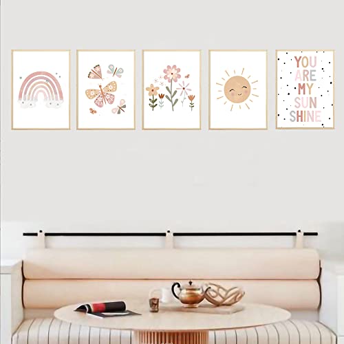 5er Poster Mädchenzimmer, Poster Kinderzimmer Deko, Wanddeko Babyzimmer, Ohne Rahmen Wandbilder für Jungen Mädchen, Sonne Blumen und Schmetterlinge, Babyzimmer Kinderbilder Dekoration von Ein Herz